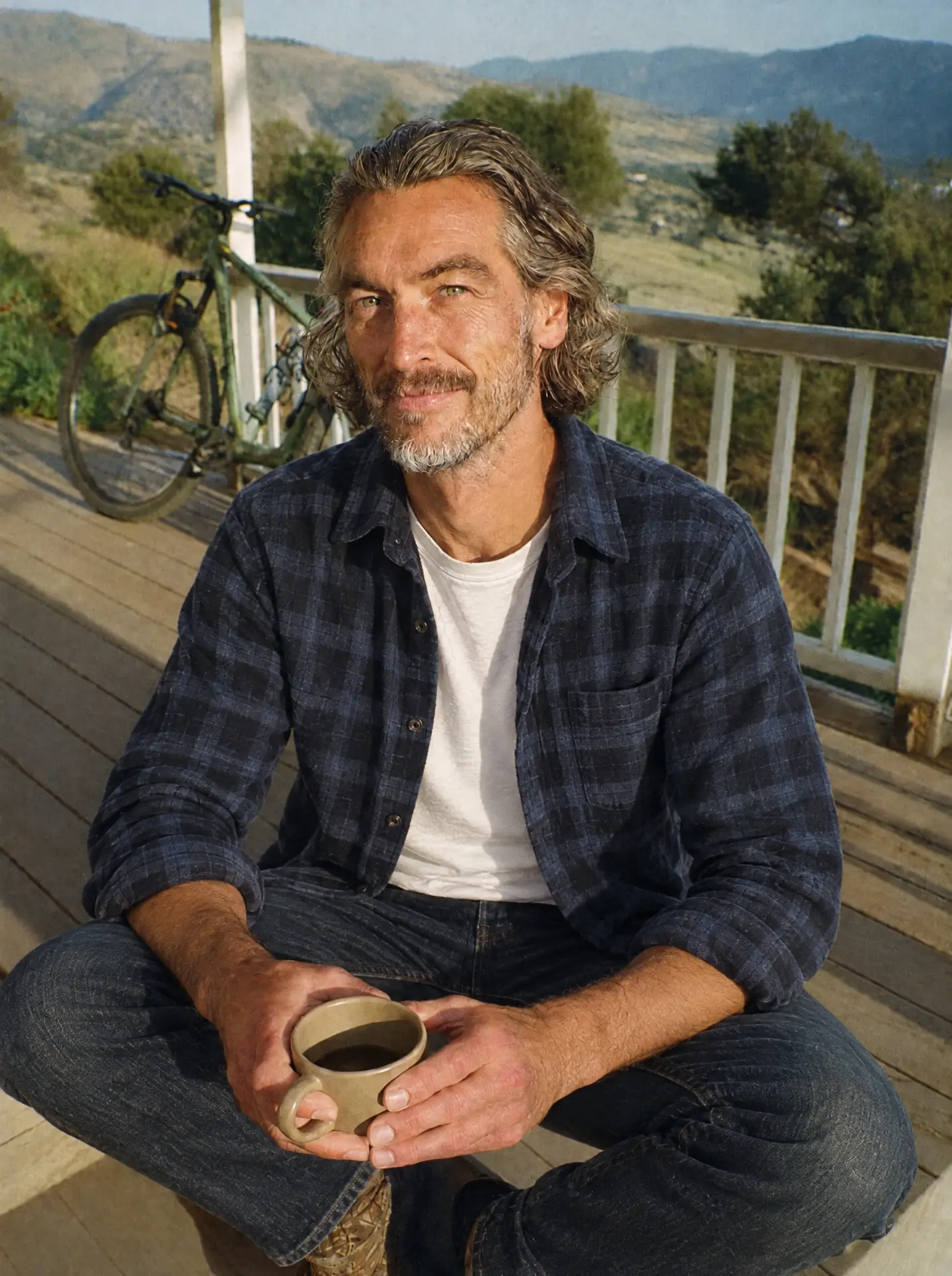 Rowan sitting cross-legged with a coffee mug on a porch, hills behind him