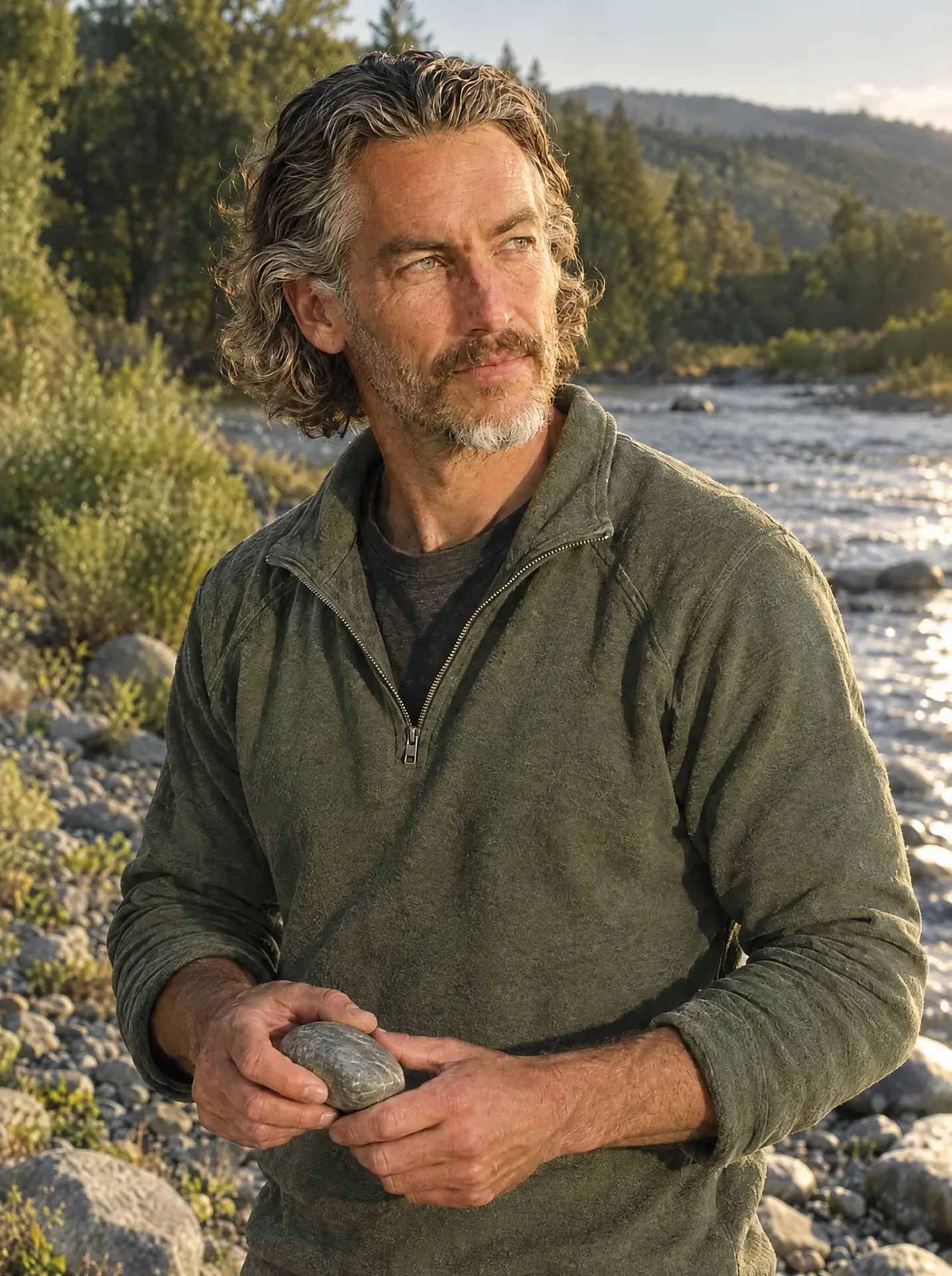 Rowan standing by a river holding a river stone
